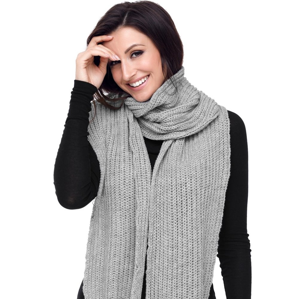 New Gray Pom Pom Ribbed Knit Scarf - Picture 6 of 6
